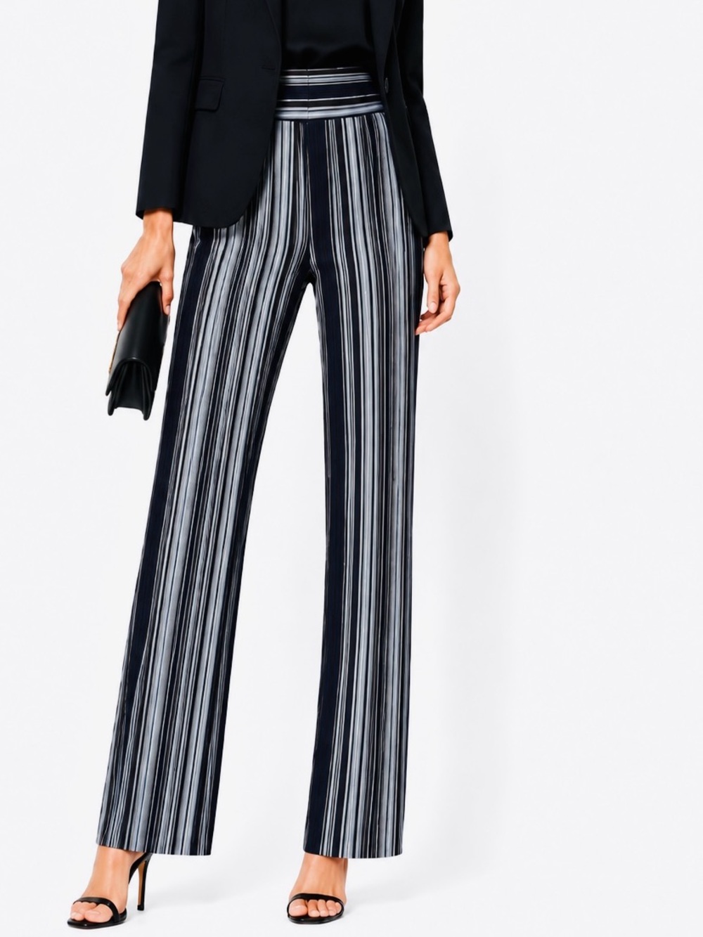 CENTRAL FALLS Striped High-Rise Straight-Leg Pants w Stretch - Navy Blue & Brown